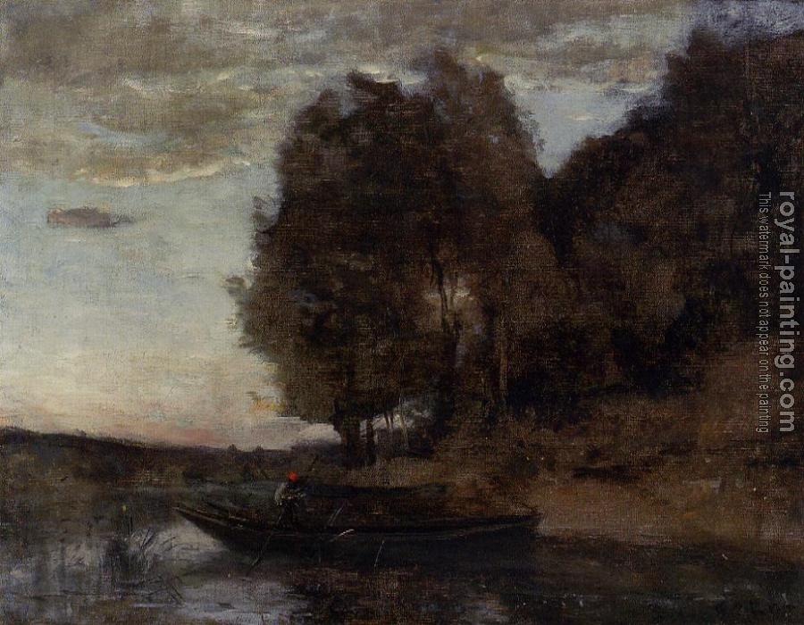 Jean-Baptiste-Camille Corot : Fisherman Boating along a Wooded Landscape